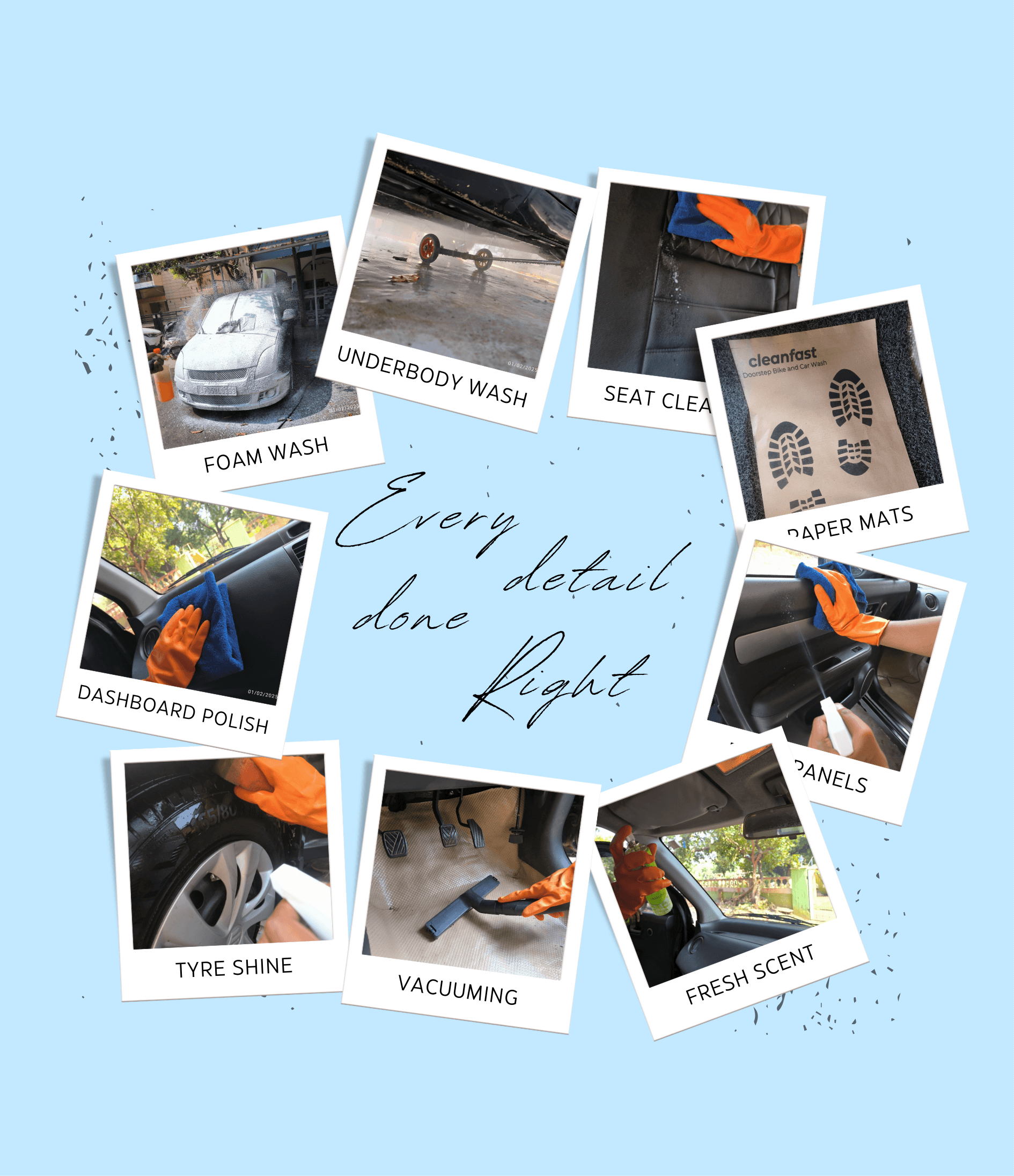 CleanFast doorstep services — car wash, bike wash, AC service, home cleaning and tank cleaning